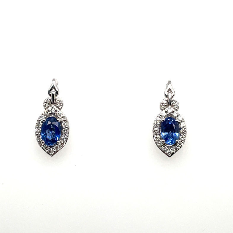 LE VIAN 1.36TGW SAPPHIRE AND DIAMOND MARQUISE HALO EARRINGS CONTAINING: 2 OVAL BLUE SAPPHIRES; 1.08CTW; + 40 ROUND VANILLA DIAMONDS; .28TDW; 14KW